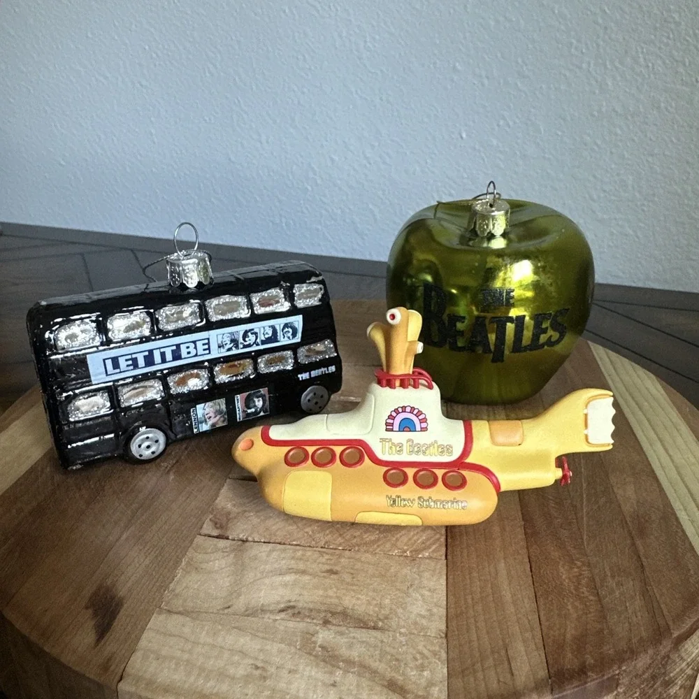 The Beatles 3 Ornaments 3-4 Inch Double Decker Bus Green Apple Yellow Submarine